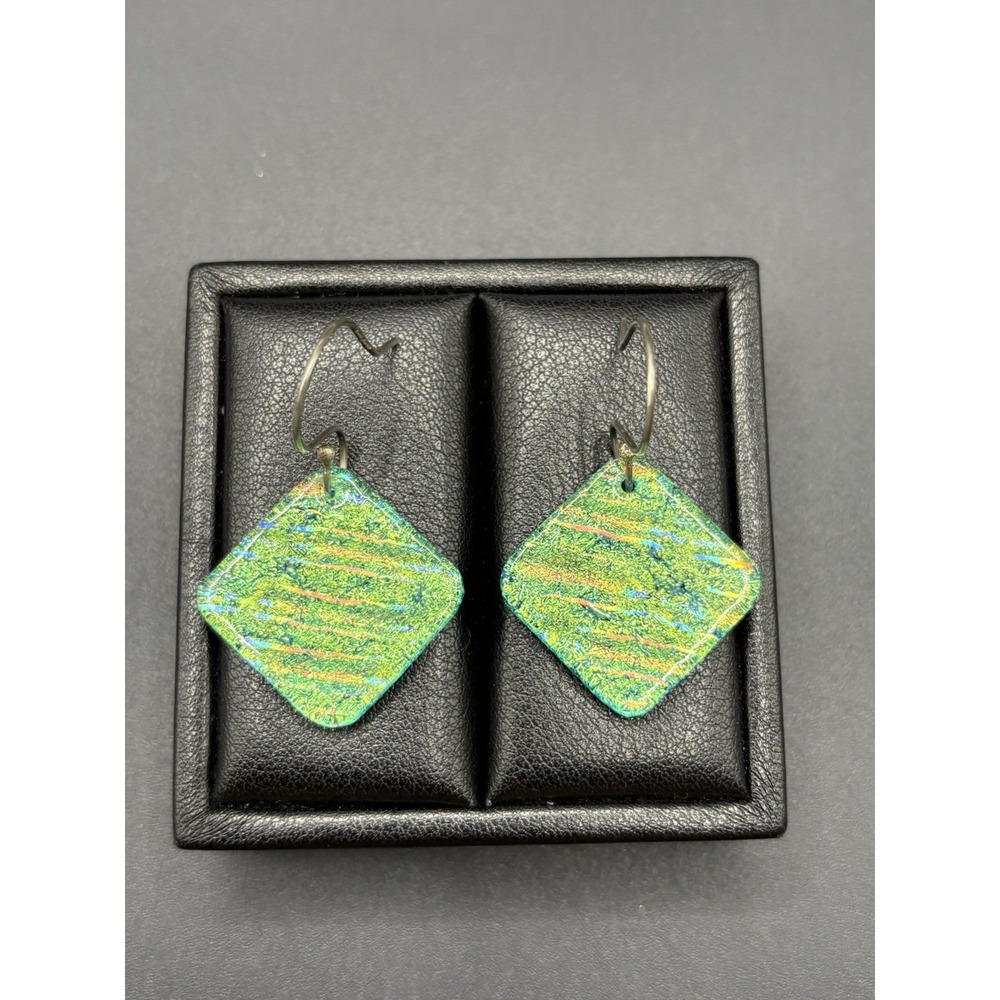 Vintage Sterling Silver Green Murano Glass Dangle Earrings 925 E29